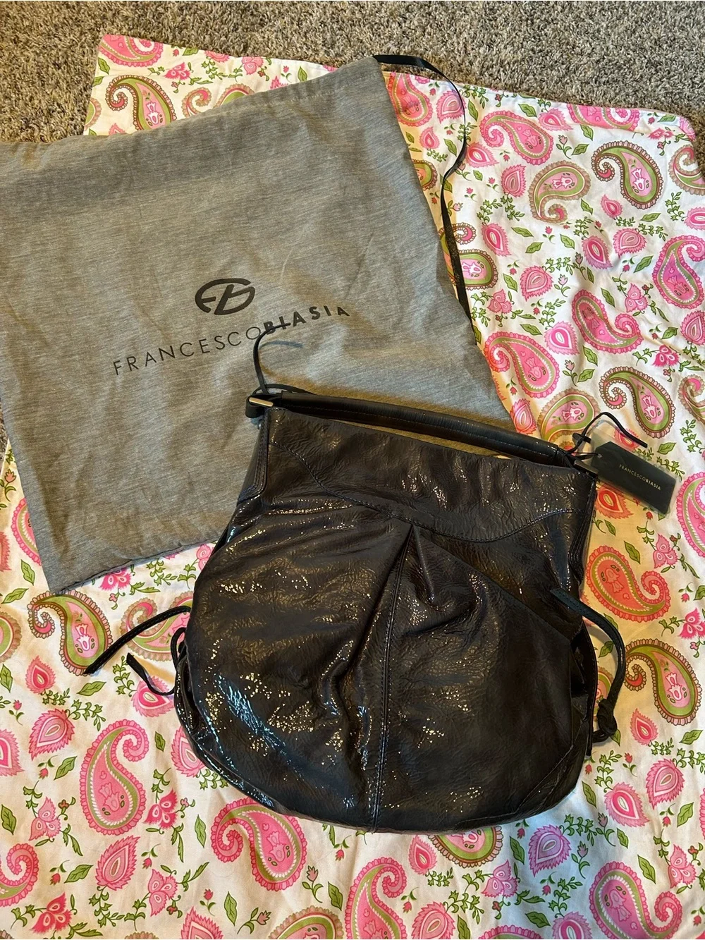 Francesco Biasia Dark Storm Grey Patent Leather Hobo Shoulder Bag